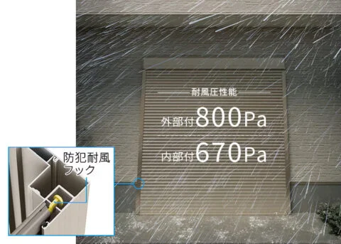 防犯耐風フックによりスラットをはずれにくくした構造で、 優れた耐風圧性能も実現。